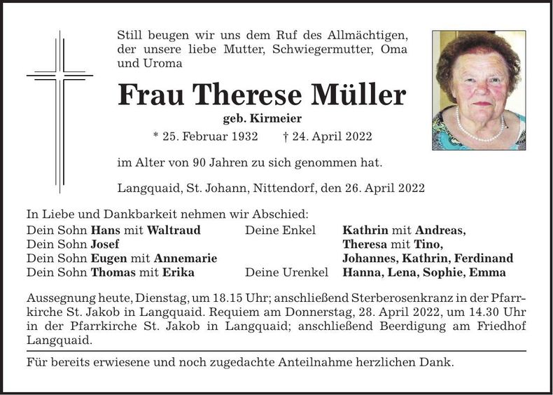 Traueranzeige Therese Müller