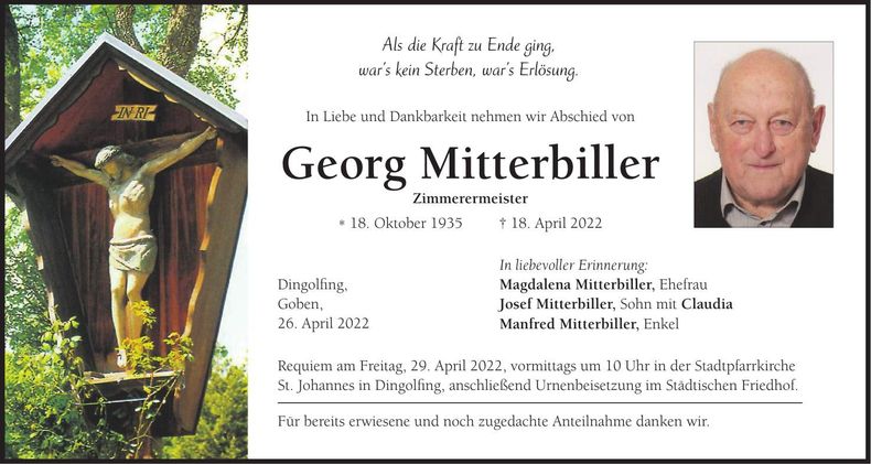 Traueranzeige Georg Mitterbiller