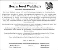Traueranzeige Josef Waldherr