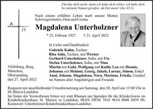 Traueranzeige Magdalena Unterholzner