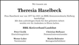 Traueranzeige Theresia Haselbeck