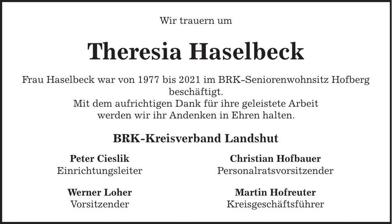 Traueranzeige Theresia Haselbeck