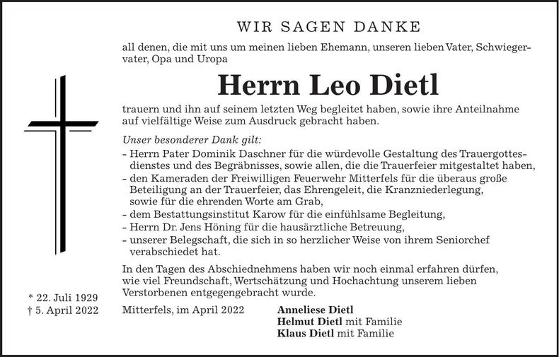 Traueranzeige Leo Dietl