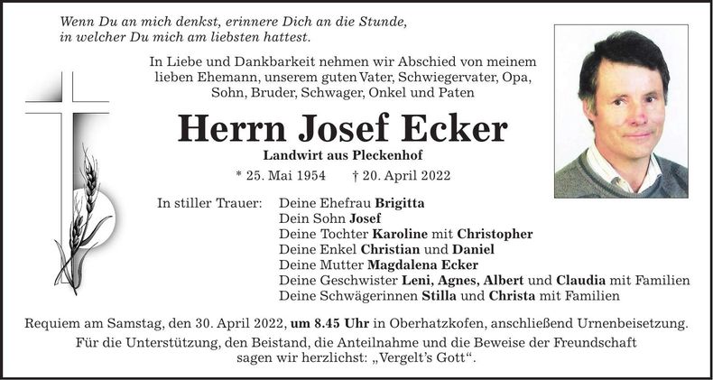 Traueranzeige Josef Ecker