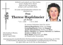 Traueranzeige Therese Hapfelmeier