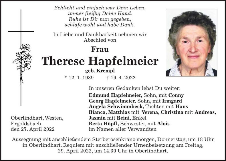 Traueranzeige Therese Hapfelmeier