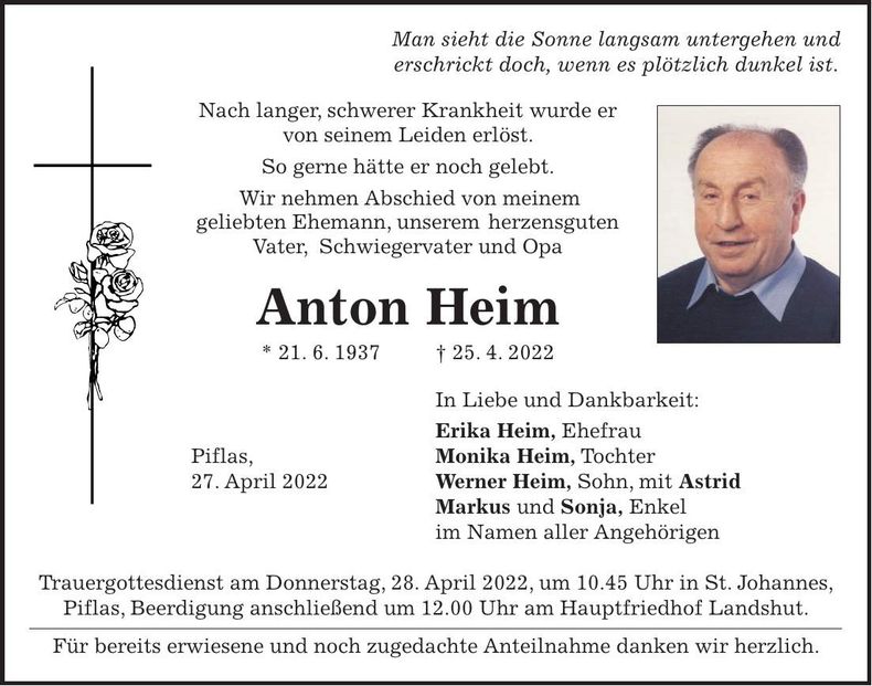 Traueranzeige Anton Heim