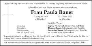 Traueranzeige Paula Bauer