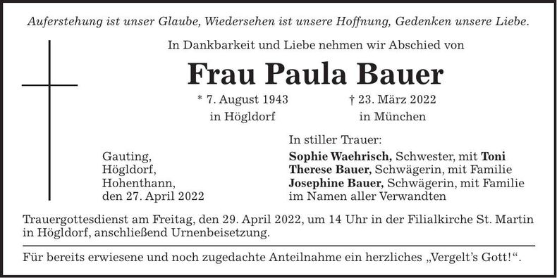 Traueranzeige Paula Bauer