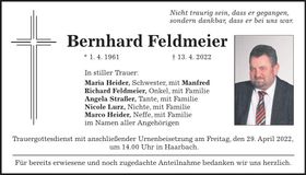 Traueranzeige Bernhard Feldmeier