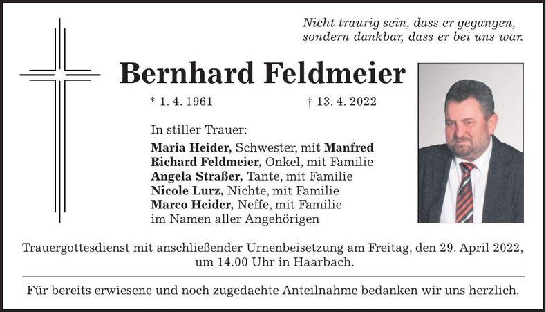 Traueranzeige Bernhard Feldmeier