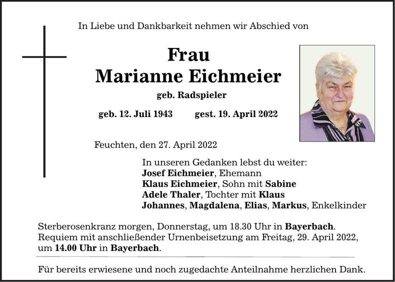 Traueranzeige Marianne Eichmeier