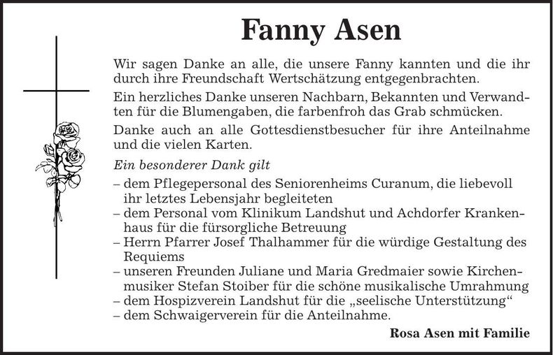 Traueranzeige Fanny Asen