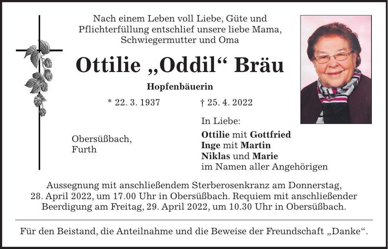 Traueranzeige Ottilie Bräu