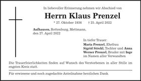 Traueranzeige Klaus Prenzel