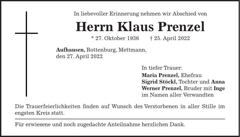 Traueranzeige Klaus Prenzel