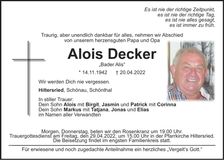 Traueranzeige Alois Decker