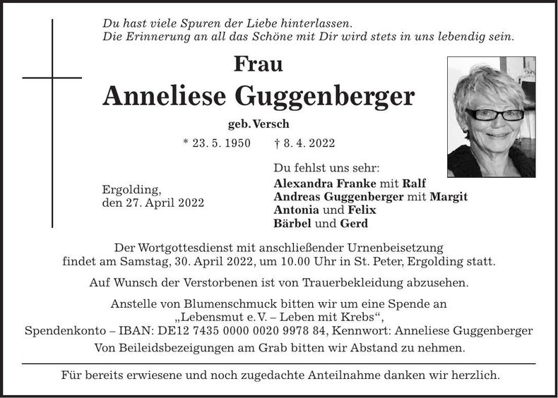 Traueranzeige Anneliese Guggenberger