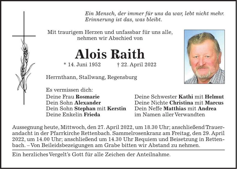 Traueranzeige Alois Raith