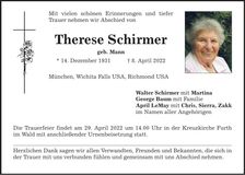Traueranzeige Therese Schirmer
