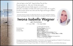 Traueranzeige Iwona Isabella Wagner