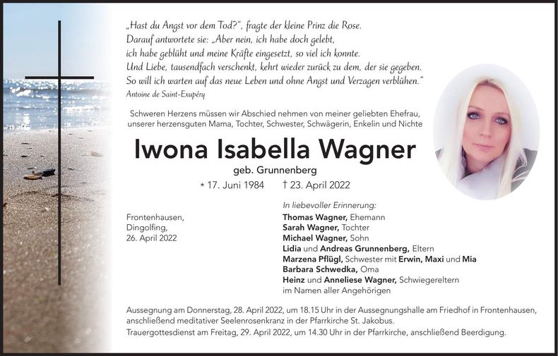 Traueranzeige Iwona Isabella Wagner