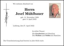 Traueranzeige Josef Mühlbauer