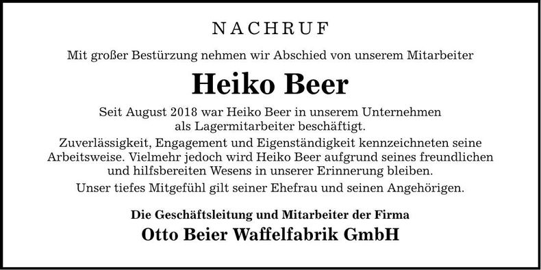 Traueranzeige Heiko Beer