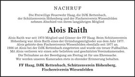 Traueranzeige Alois Raith