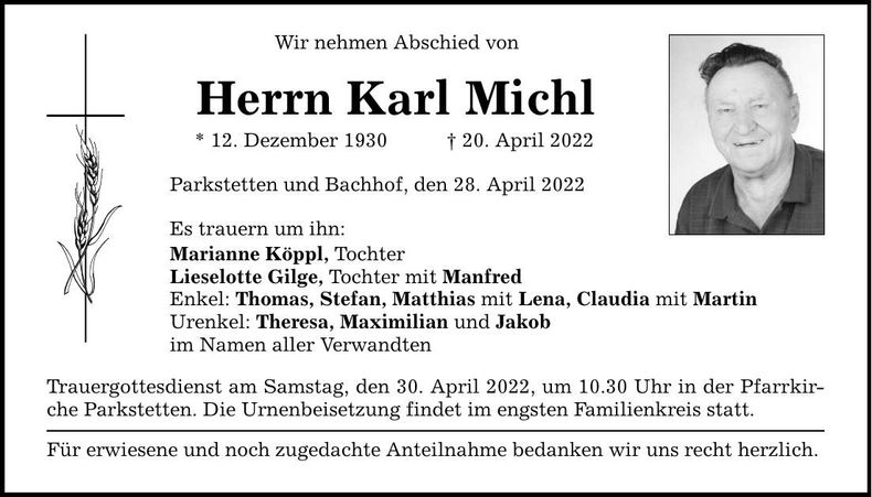Traueranzeige Karl Michl