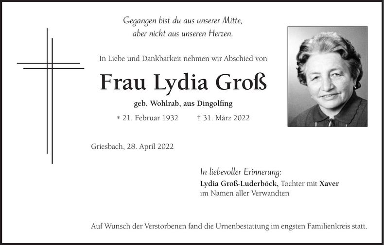 Traueranzeige Lydia Groß