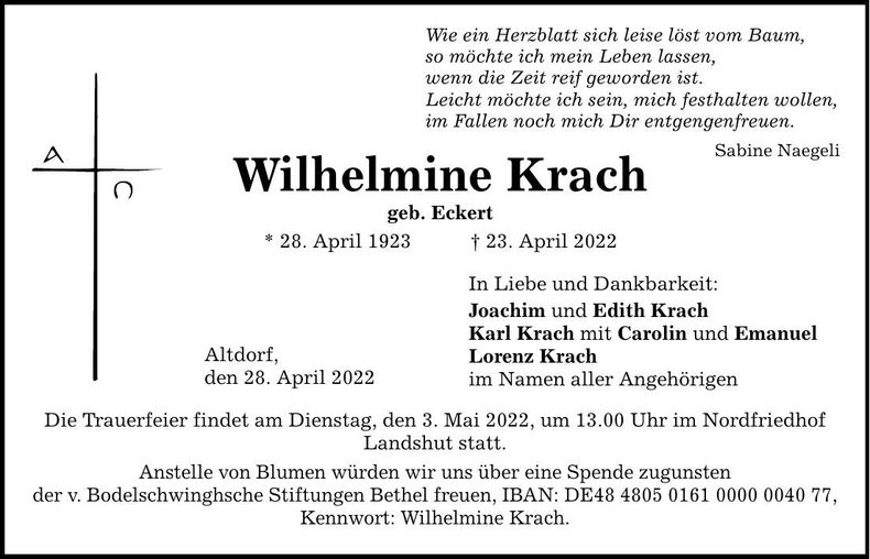 Traueranzeige Wilhelmine Krach