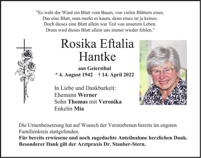 Traueranzeige Rosika Hantke