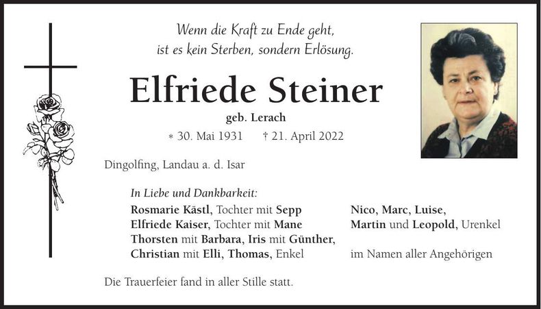 Traueranzeige Elfriede Steiner
