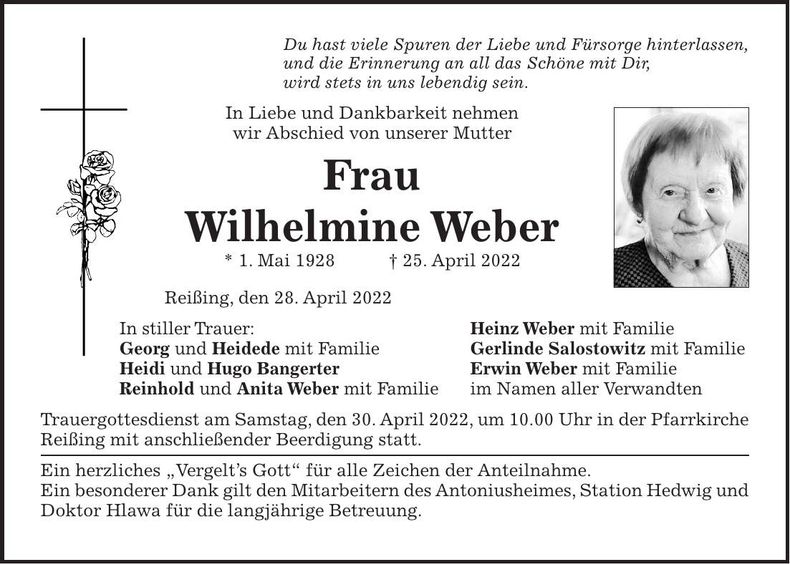 Traueranzeige Wilhelmine Weber