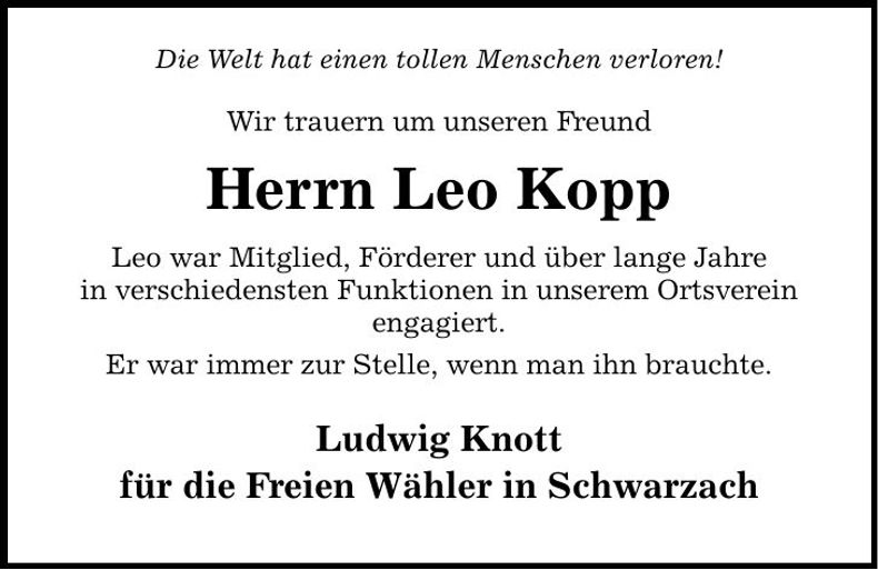 Traueranzeige Leo Kopp