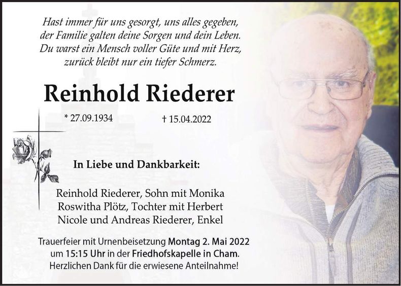 Traueranzeige Reinhold Riederer