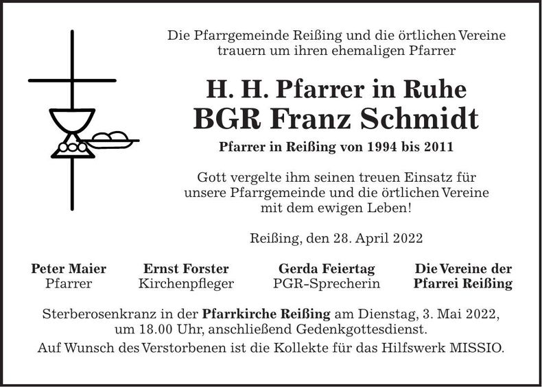 Traueranzeige Franz H. H. Pfarrer BGR Schmidt