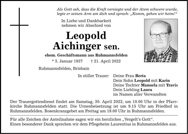 Traueranzeige Leopold Aichinger sen.