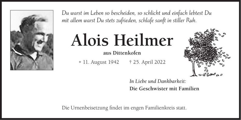 Traueranzeige Alois Heilmer