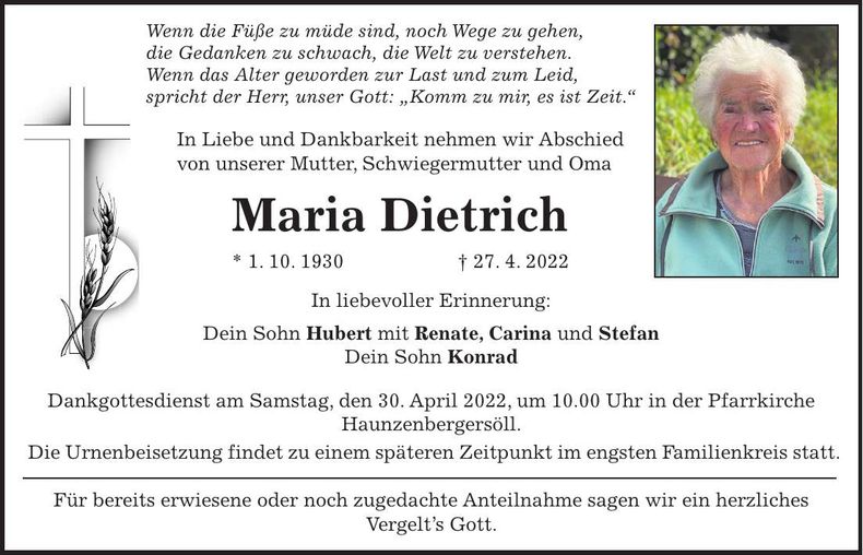 Traueranzeige Maria Dietrich