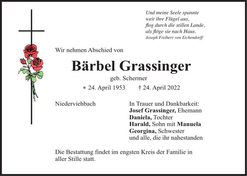 Traueranzeige Bärbel Grassinger