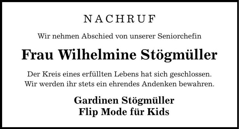 Traueranzeige Wilhelmine Stögmüller