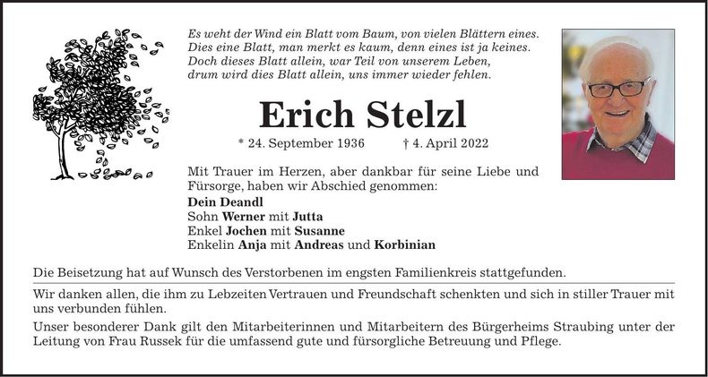 Traueranzeige Erich Stelzl