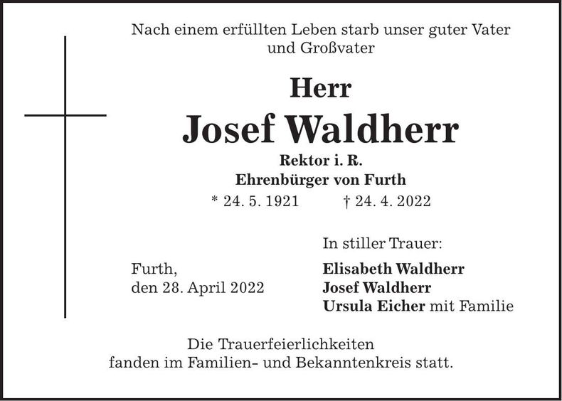 Traueranzeige Josef Waldherr