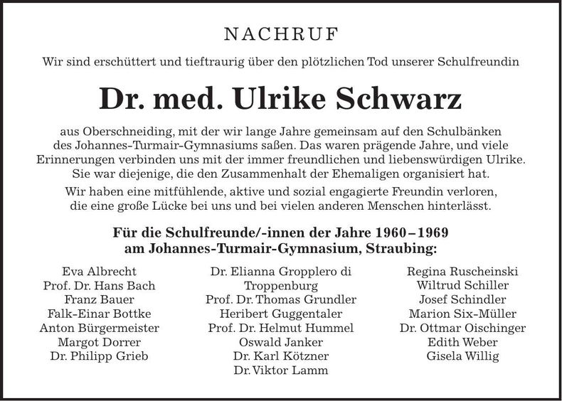 Traueranzeige Ulrike Schwarz