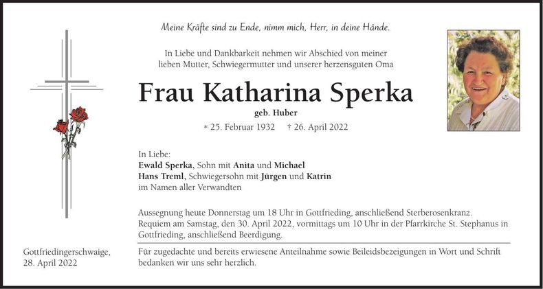 Traueranzeige Katharina Sperka