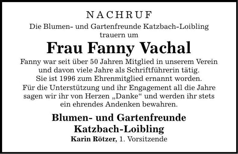 Traueranzeige Fanny Vachal