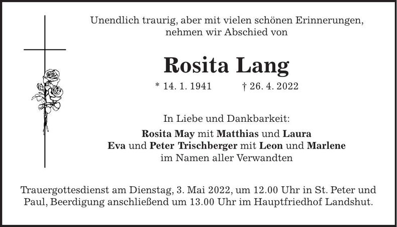 Traueranzeige Rosita Lang