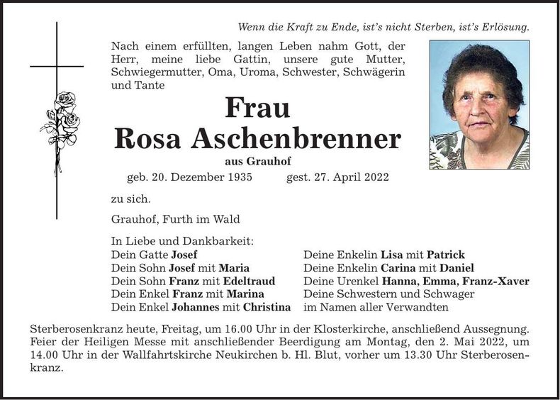Traueranzeige Rosa Aschenbrenner